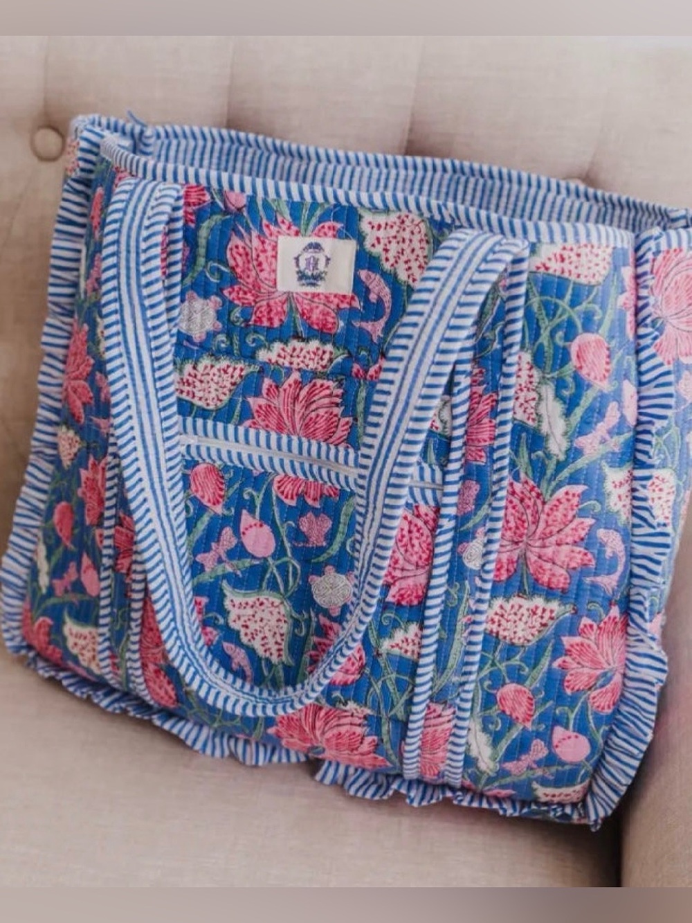 Quilted Floral Tote Bag - Blue & Pink
